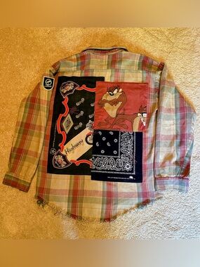 RCNSTRCT Studio Vintage Look Men’s Plaid Button-Up Shirt with Patches